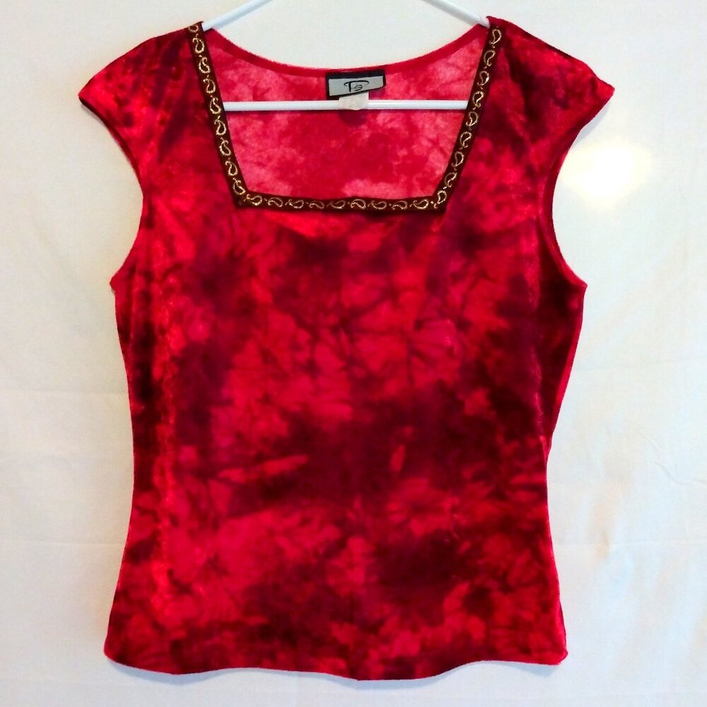 Vintage PS Velour Embroidered Square Neckline Top L (Fits S/XS) Boho Y2K Red